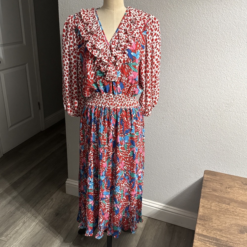 Vintage DIANE FREIS Georgette Dress Floral Polka Dots Drop Waist Bohemian